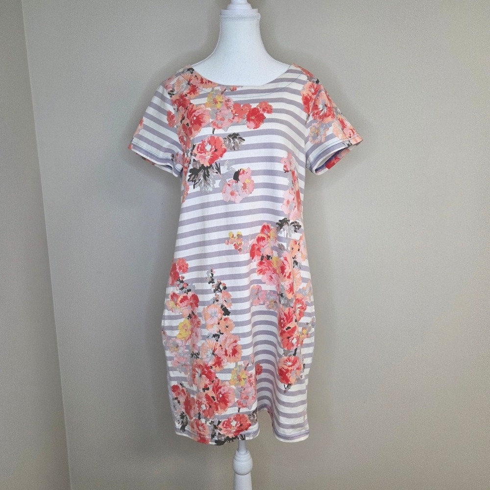 Joules Striped Floral Linen Blend Pocket Dress Purple White Pink Size 12‎